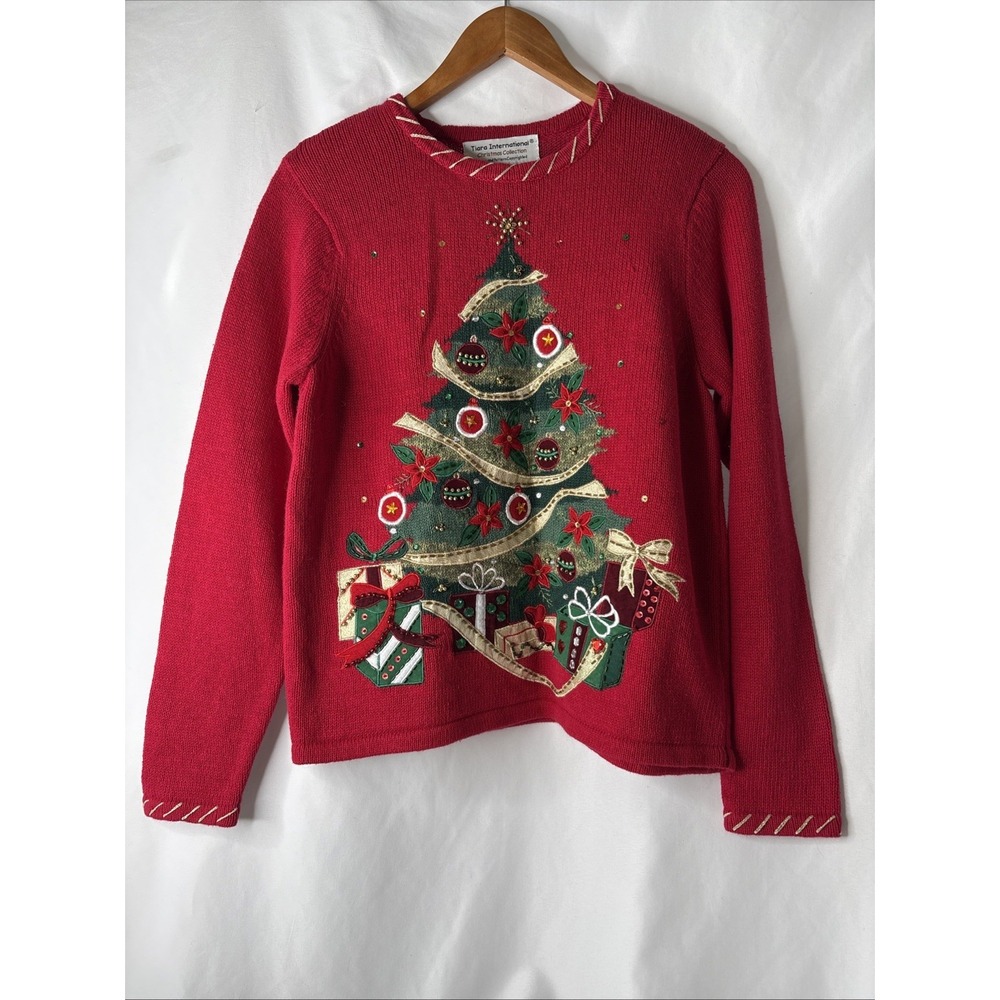 Tiara International Christmas Collection Womens Small Sweater‎ Red Tree Pullover